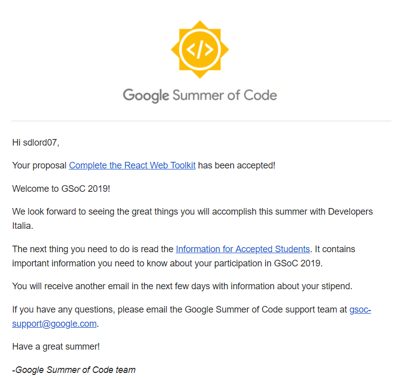 My GSoC acceptance e-mail